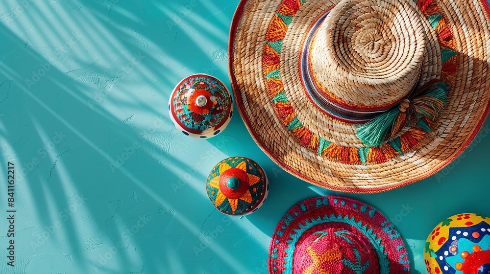 Traditional Mexican sombrero hats with maracas on teal background Traditional Mexican sombrero hats with maracas on teal background