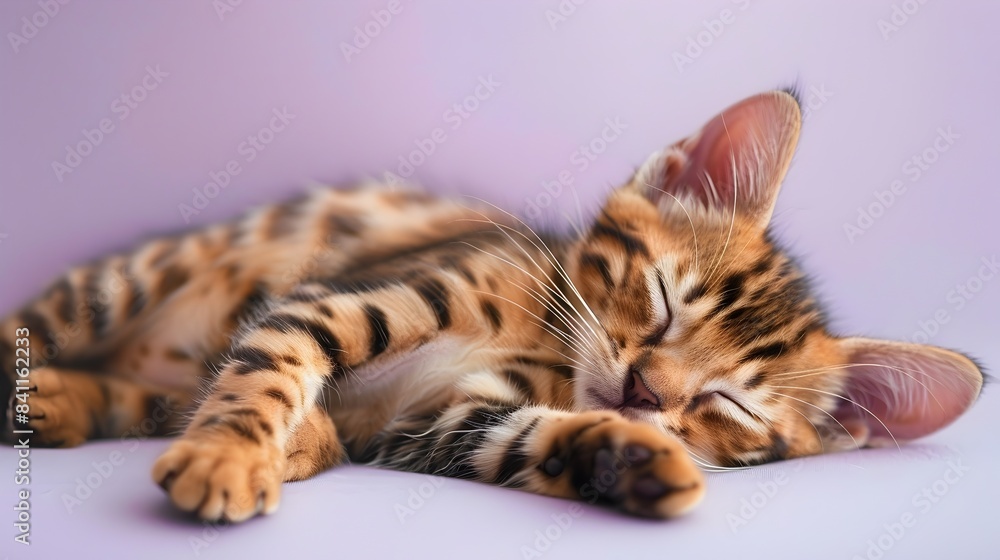 Cute Bengal Kitten Sleeping on Clean Lavender Background Cute Bengal Kitten Sleeping on Clean Lavender Background