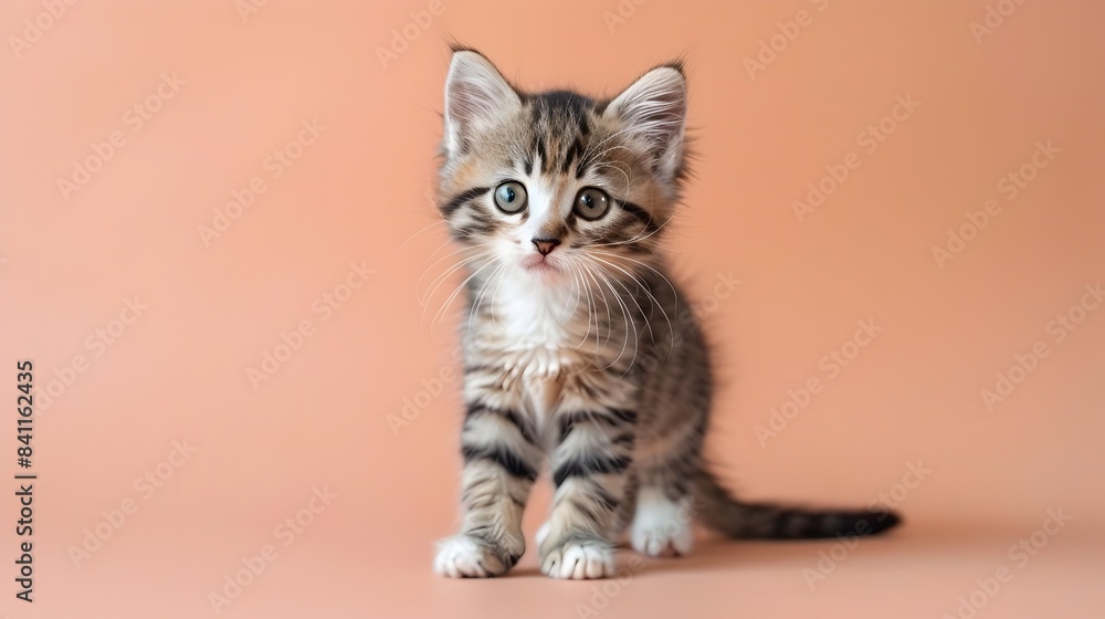 Cute American Curl Kitten Sitting Centered on Pastel Peach Minimalist Background Cute American Curl Kitten Sitting Centered on Pastel Peach Minimalist Background