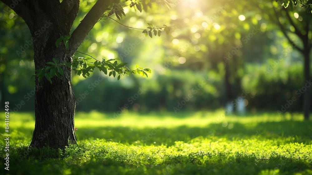 Fototapeta premium A serene green park with sunlight filtering through the leaves, shadows on the lush grass, atmosphere of tranquility and nature's beauty. calmness, peace, natural harmony, ecofriendly. generative AI