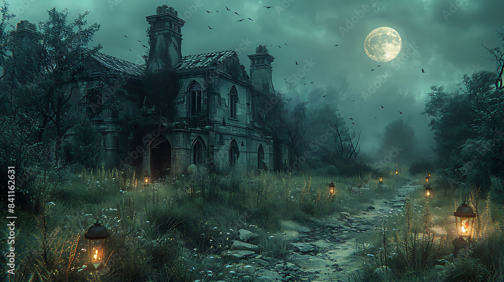 A spooky path lit by lanterns leading to an old, abandoned house. A spooky path lit by lanterns leading to an old, abandoned house.