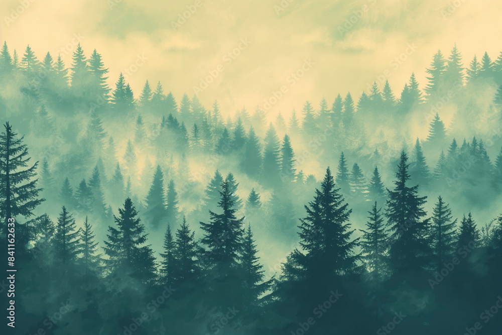 Fototapeta premium Misty landscape with fir forest in vintage retro style