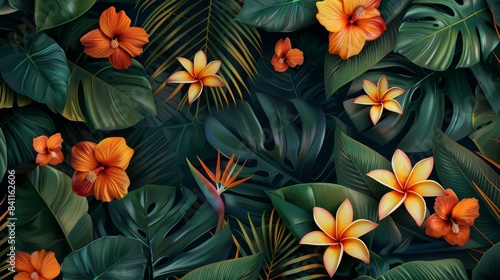 A lush tropical foliage pattern with detailed monstera leaves  vibrant bird-of-paradise flowers  and interwoven vines  ideal for seamless wallpaper
