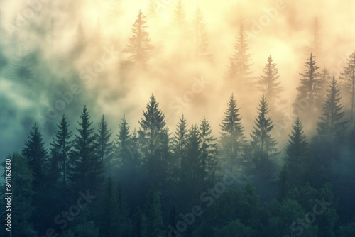 Misty landscape with fir forest in vintage retro style photo