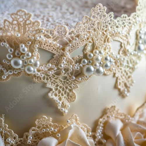 A close-up of a birthday cake with intricate piped lace detailing and edible pearls, showcasing the craftsmanship and detail that goes into creating a masterpiece of confectionery art.