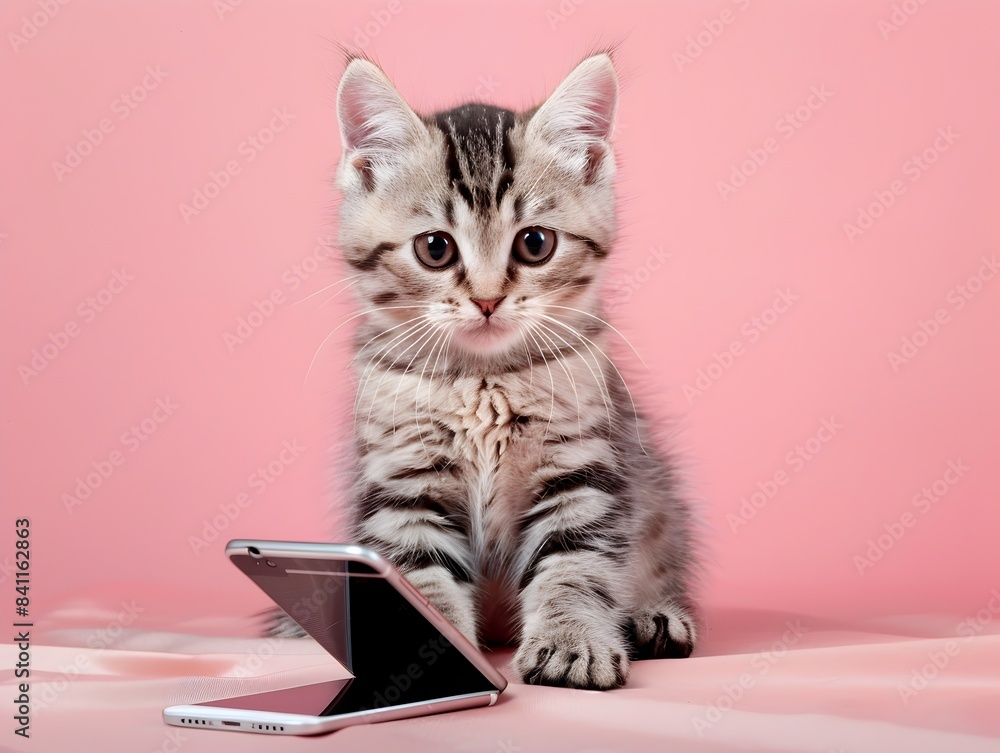 Adorable American Shorthair Kitten Posing with Smartphone on Pastel Pink Background Adorable American Shorthair Kitten Posing with Smartphone on Pastel Pink Background