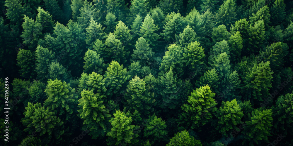 Fototapeta premium Aerial view of dense green forest with tall evergreen trees, lush foliage, and vibrant greenery showcasing the beauty of natural wilderness.
