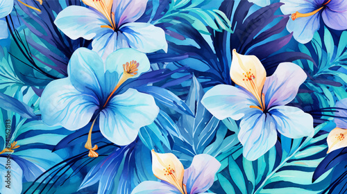 abstract blue leaves and blue tropical flowers seamless pattern leaves in blue and white. Seamless abstract botanical pattern