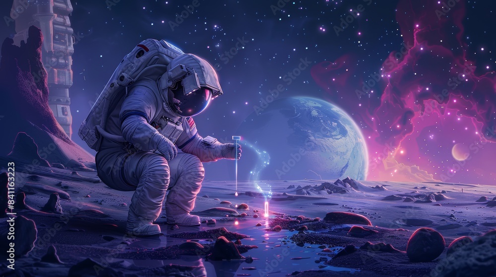 Fototapeta premium A futuristic lab in space with an astronaut examining a dripping test tube, a majestic planet and twinkling stars outside