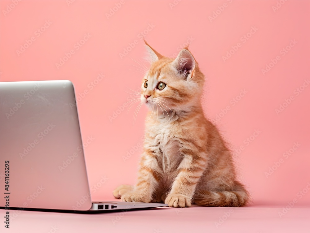 Cute Exotic Shorthair Kitten Sitting with Laptop on Pastel Pink Background Cute Exotic Shorthair Kitten Sitting with Laptop on Pastel Pink Background