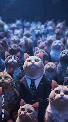 A group of cats wearing suits and ties are sitting in a theater. They are all looking up at something. photo
