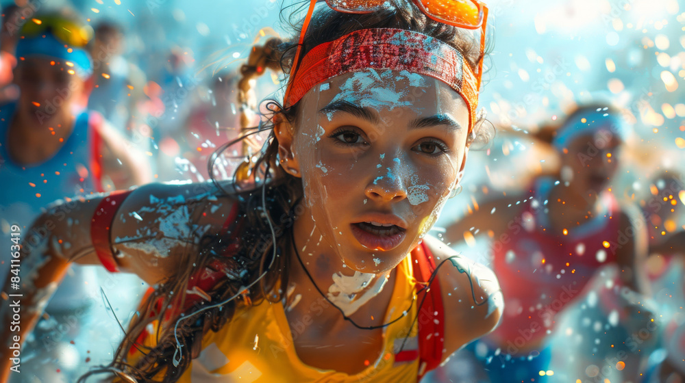 Woman Covered in Paint Runs Through Obstacle Course Woman Covered in Paint Runs Through Obstacle Course