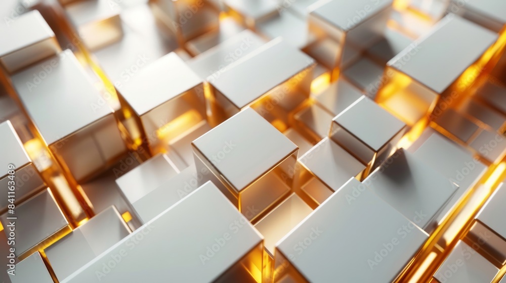 Abstract geometric pattern with metallic cubes and gold highlights Abstract geometric pattern with metallic cubes and gold highlights