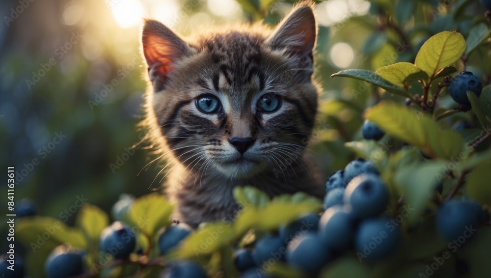 Giant Blueberry Bush Enchants Kitten at Dusk. Giant Blueberry Bush Enchants Kitten at Dusk.