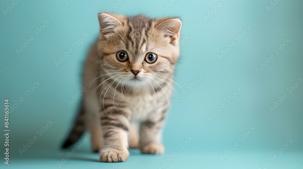 Obraz premium Adorable Scottish Fold Kitten Standing on Pastel Blue Background