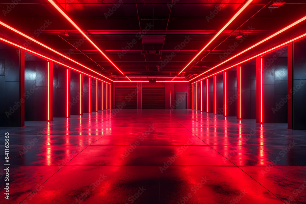 Modern garage background, futuristic warehouse with red neon lighting. Minimalist design of dark empty room, panorama of hallway interior. Concept of hangar, industry, hall, spaceship Modern garage background, futuristic warehouse with red neon lighting. Minimalist design of dark empty room, panorama of hallway interior. Concept of hangar, industry, hall, spaceship
