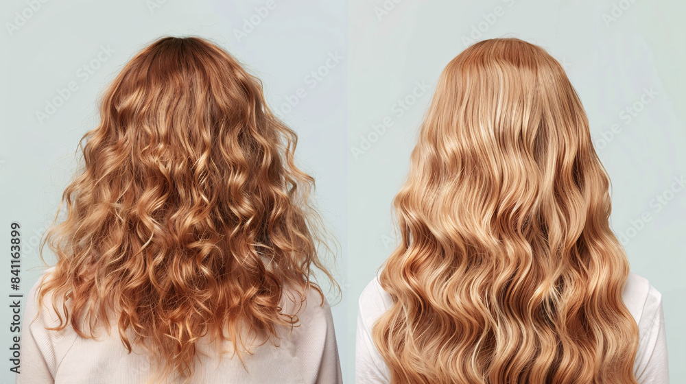 Fototapeta premium Curly hair transformation before and after using shampoo on white background
