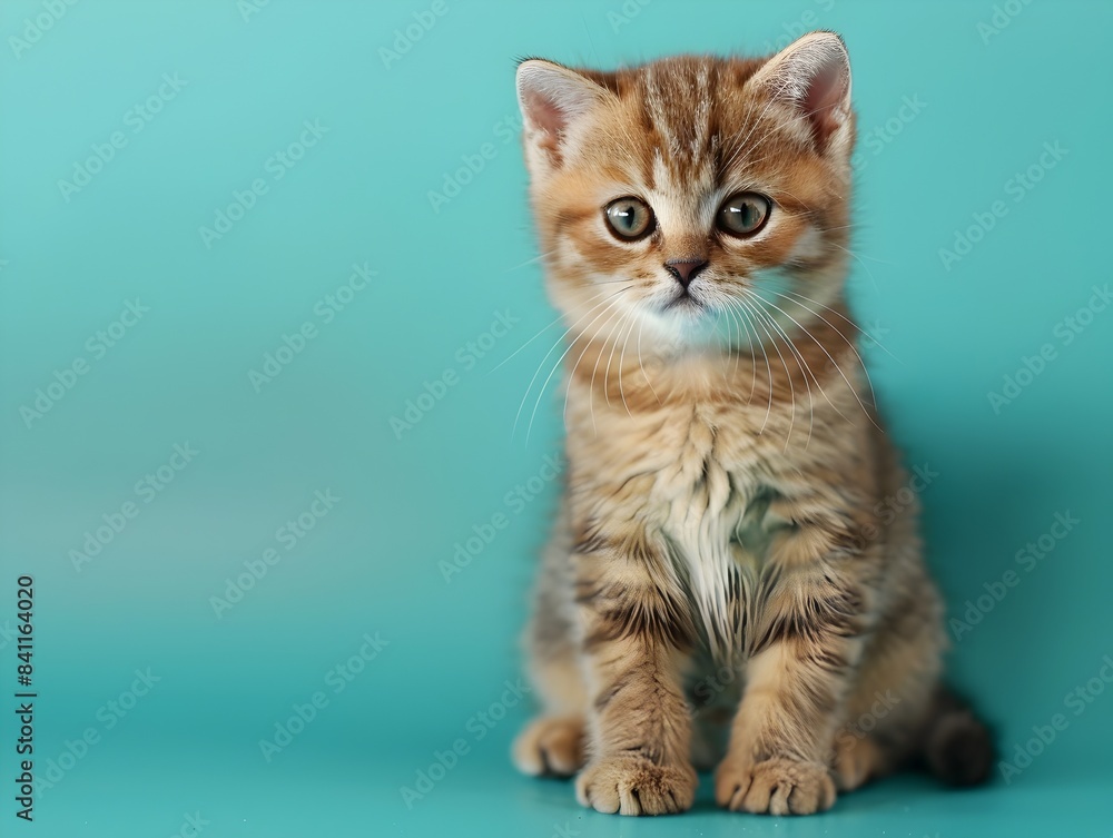 Cute Exotic Shorthair Kitten Sitting on Mint Blue Background Cute Exotic Shorthair Kitten Sitting on Mint Blue Background