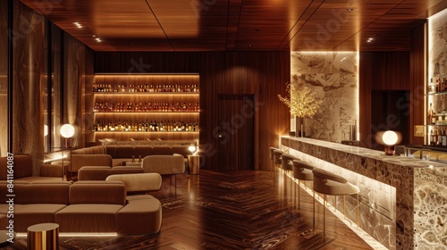 A chic nightclub with a minimalist design, elegant marble bar, luxurious seating areas, and sophisticated lighting setup