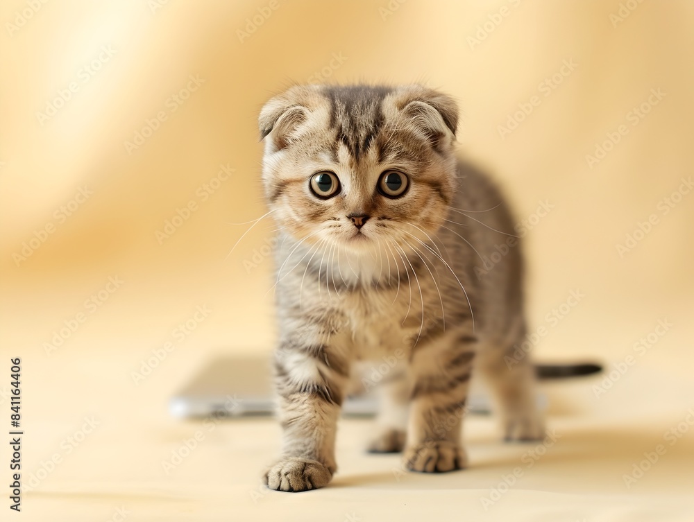 Adorable Scottish Fold Kitten Standing with Laptop on Pastel Yellow Background Adorable Scottish Fold Kitten Standing with Laptop on Pastel Yellow Background