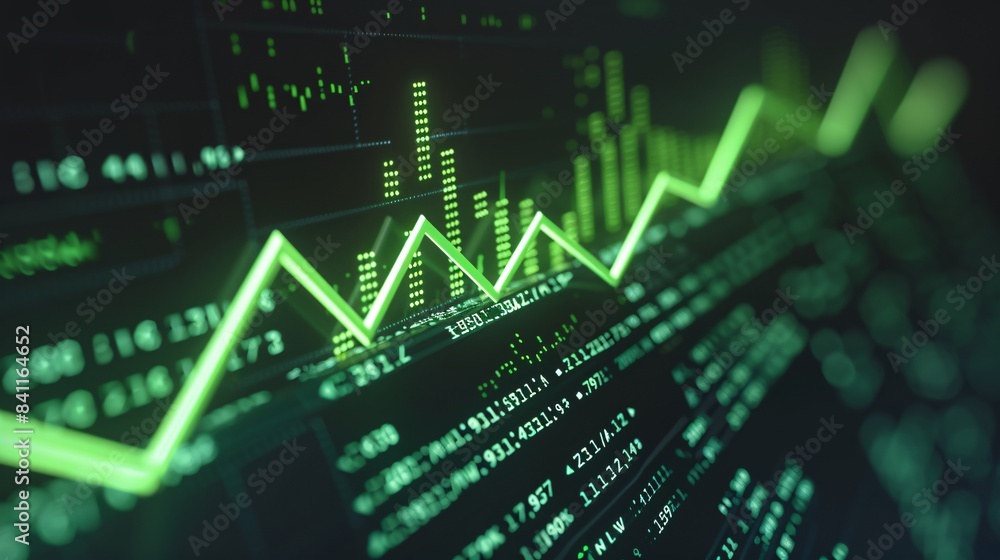 3D graphic of an arrow chart with a green flexible arrow pointing upwards, representing the idea of investment and financial progress, on a dark background. 3D graphic of an arrow chart with a green flexible arrow pointing upwards, representing the idea of investment and financial progress, on a dark background.