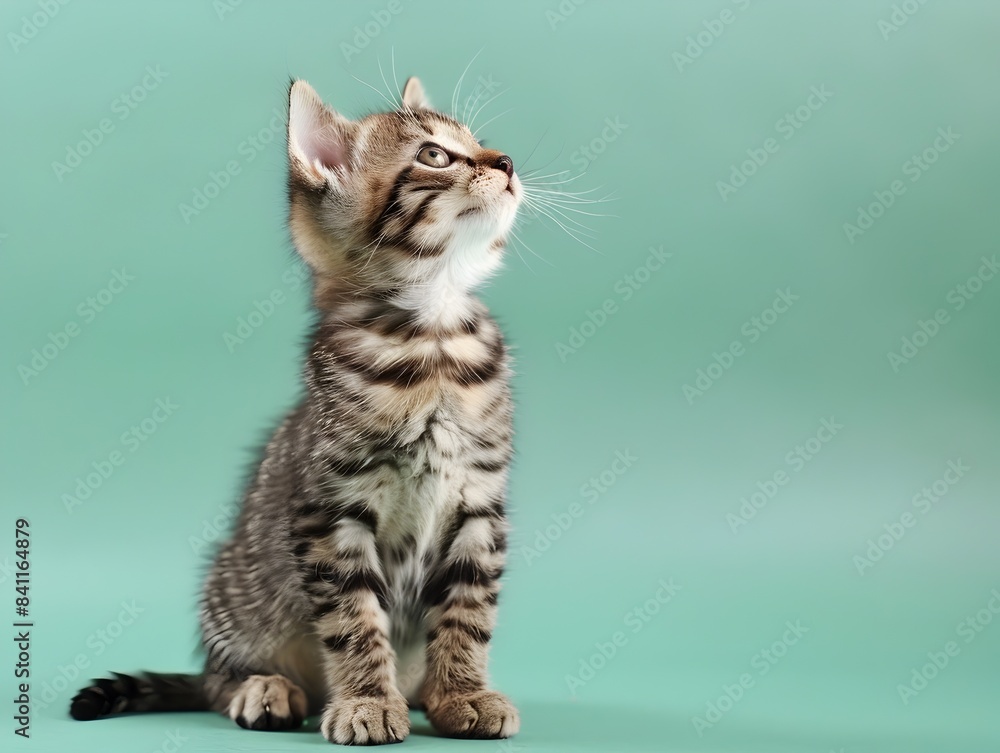 Naklejka premium Cute Tabby Kitten Sitting on Pastel Green Background