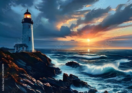 Beautiful lighthouse by the ocean at sunset © Ananto