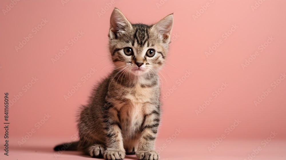 Adorable Munchkin Kitten Sitting on Soft Pink Backdrop with Ample Copy Space Adorable Munchkin Kitten Sitting on Soft Pink Backdrop with Ample Copy Space