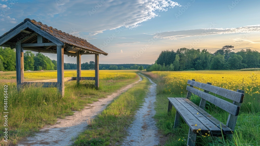 Idyllic countryside bus stop with a wooden bench, overlooking a lush green landscape with a meandering path and distant hills. Idyllic countryside bus stop with a wooden bench, overlooking a lush green landscape with a meandering path and distant hills.