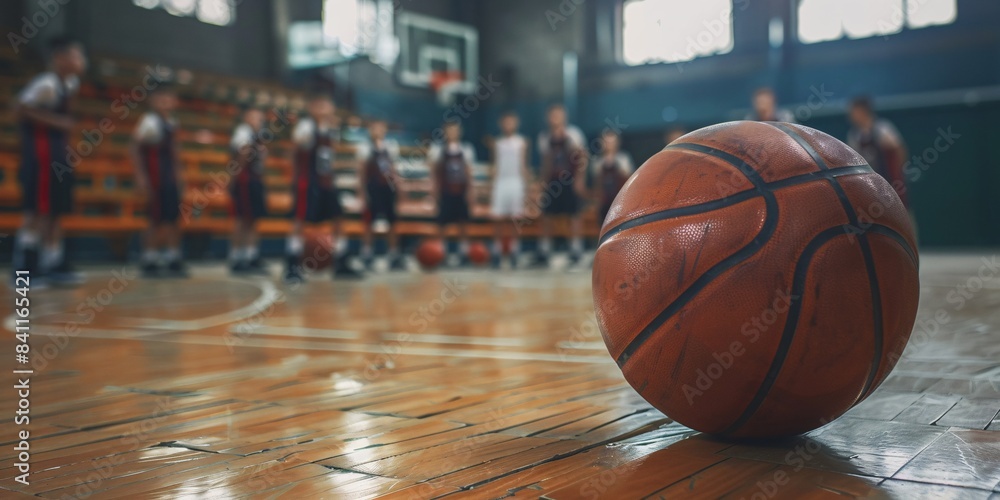 A basketball on a wooden court with a youth team in the background, used for training young students in indoor sports. A basketball on a wooden court with a youth team in the background, used for training young students in indoor sports.