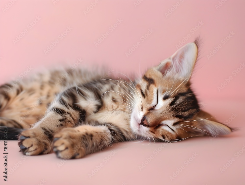 Naklejka premium Sleepy Bengal Kitten Resting on Pastel Rose Colored Background