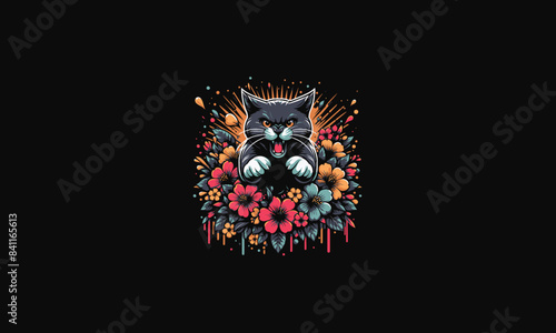 cat angry with flowers vector illustration design