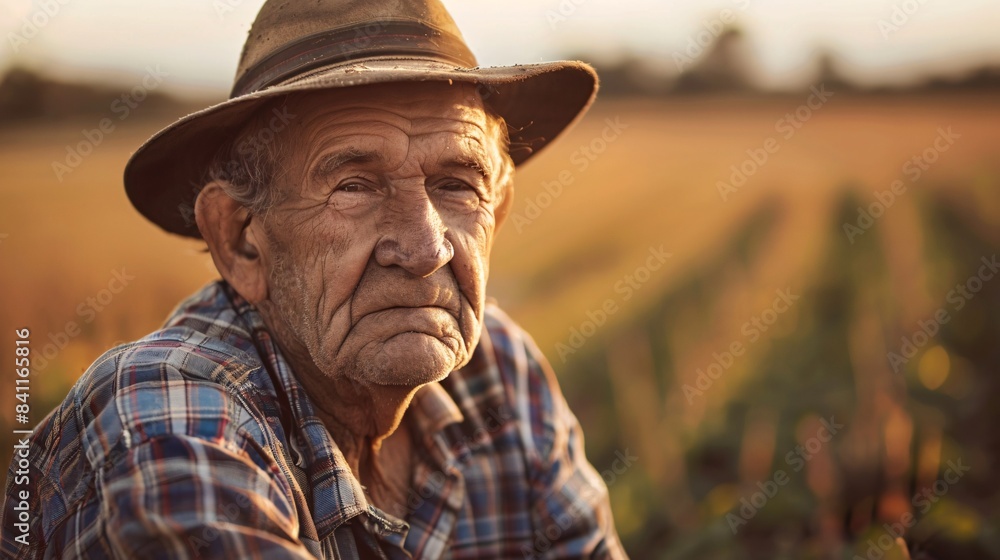 Capturing the Essence A captivating portrait of an experienced elder farmer embodying knowledge and expertise set against the scenic backdrop of a vast farm. Capturing the Essence A captivating portrait of an experienced elder farmer embodying knowledge and expertise set against the scenic backdrop of a vast farm.