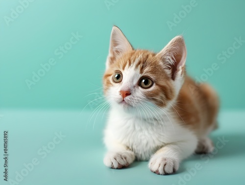 Cute Exotic Shorthair Kitten Sitting on Pastel Mint Background