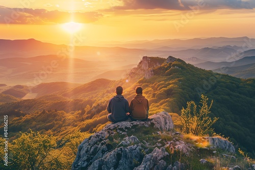 Two people sitting on a mountaintop watching the sunset photo