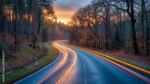 City Highway with Light Trails and Wet Road Captured in Long Exposure Time Lapse Featuring Vibrant Colors and Dynamic Movement