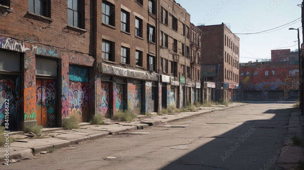 Ghost Town: War-Torn Buildings with Graffiti-Covered Walls and Empty Streets, Generative AI Ghost Town: War-Torn Buildings with Graffiti-Covered Walls and Empty Streets, Generative AI