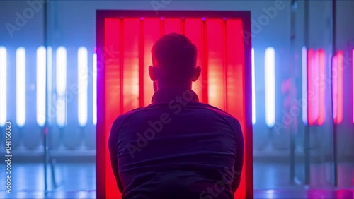 Man sitting in front of red light therapy panel with obscured identity. Concept Portrait Photography, Red Light Therapy, Mood Lighting, Obscured Identity, Indoor Setting photo