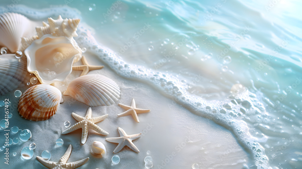 Beach summer panoramic background with seashells and starfish Beach summer panoramic background with seashells and starfish