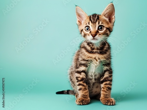 Cute Bengal Kitten Sitting Curiously on Pastel Celadon Background
