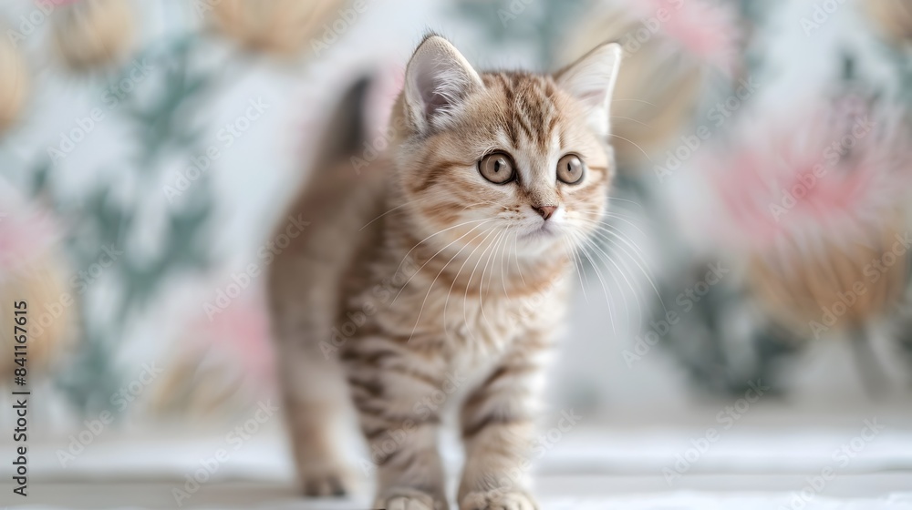 Cute Exotic Shorthair Kitten Standing in Pastel Thistle Field Background Cute Exotic Shorthair Kitten Standing in Pastel Thistle Field Background
