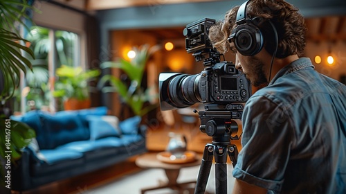 A man photographing in a residential setting for real estate listings and interior design.