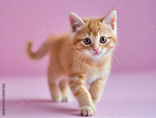 Cute Munchkin Kitten Walking on Pastel Lavender Background