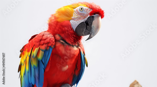 A colorful macaw parrot with a large beak, perched on a branch and squawking on a clean white backdrop. photo