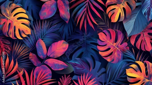 A seamless wallpaper pattern with a mix of exotic tropical leaves, bold colors, and intricate details, capturing the essence of vibrant nature