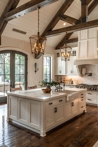 kitchen with white cabinets  wood island and dark wooden beams on the ceiling  large windows in the background  farmhouse style