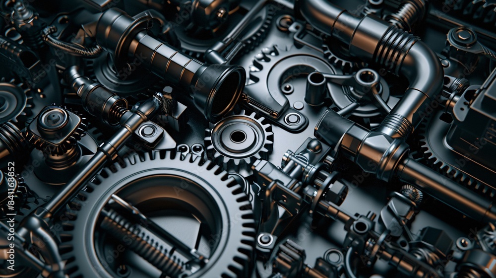 Dark industrial 3D render featuring a pattern of vehicle parts, car gears, and pipes. Dark industrial 3D render featuring a pattern of vehicle parts, car gears, and pipes.