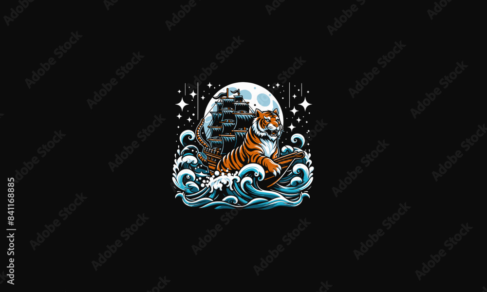 tiger riding ship on sea night vector artwork design tiger riding ship on sea night vector artwork design