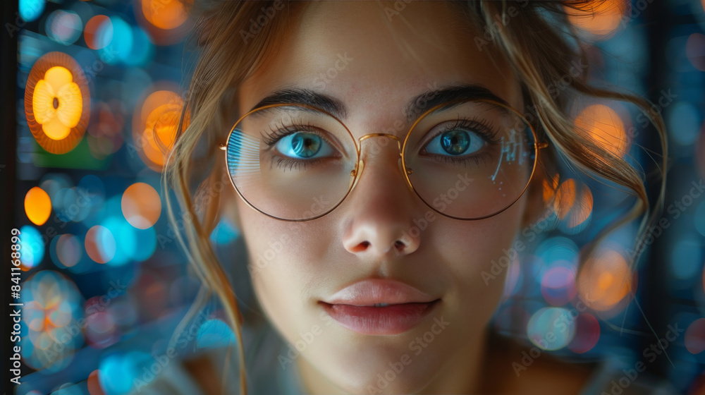 Woman Wearing Round Glasses With Blurry City Lights in Background Woman Wearing Round Glasses With Blurry City Lights in Background