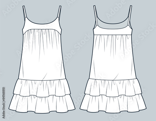 Strap Dress technical fashion illustration. Ruffled Dress fashion flat technical drawing template, mini length, relaxed fit, front and back view, white, women Dresses CAD mockup.